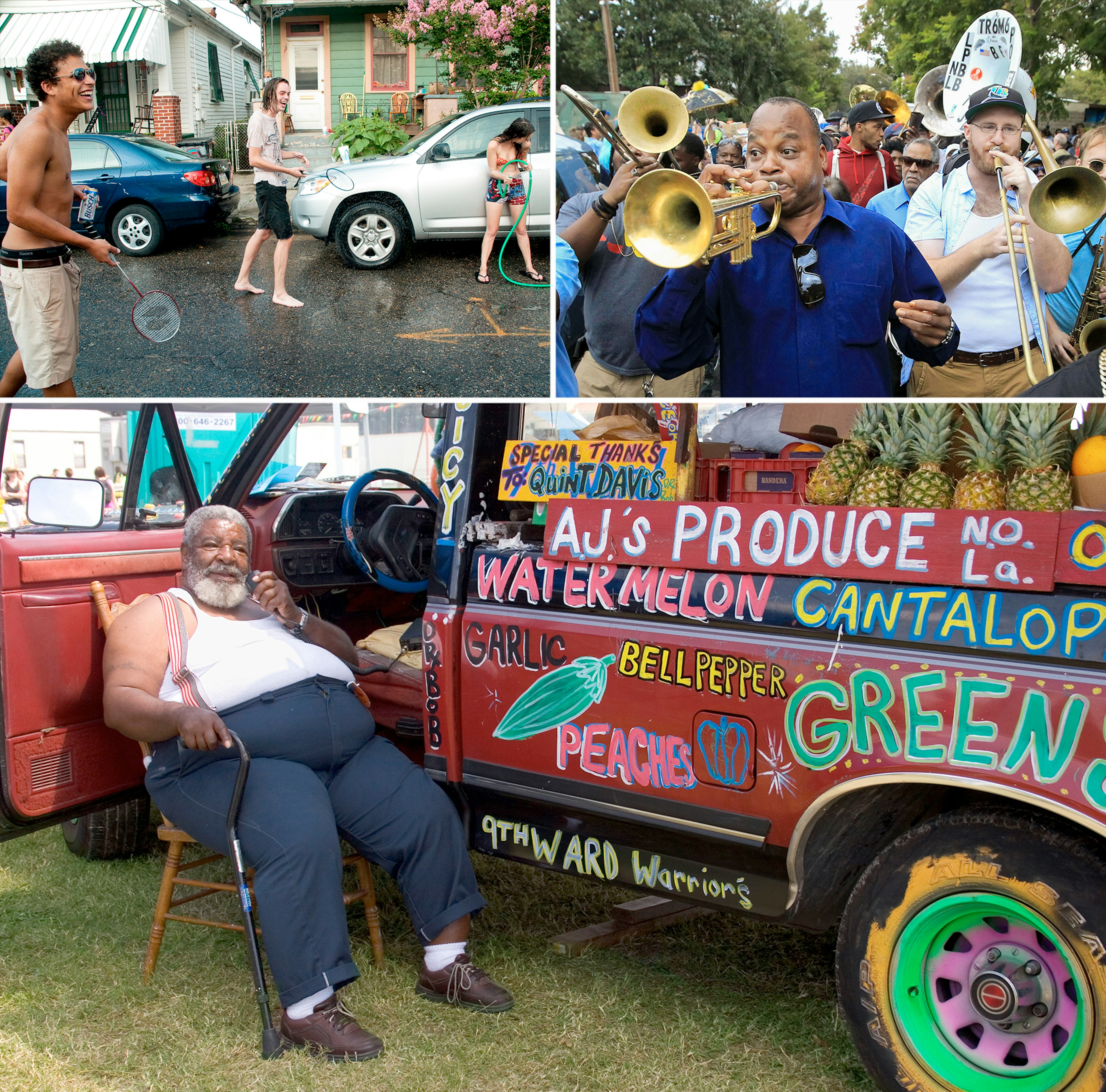 LEFT: Residents of the Bywater neighborhood of New Orleans, playing street badminton and having fun; RIGHT: Trumpeter James Andrews, in blue, leads a second-line parade for the late music legend Fats Domino through the Bywater neighborhood