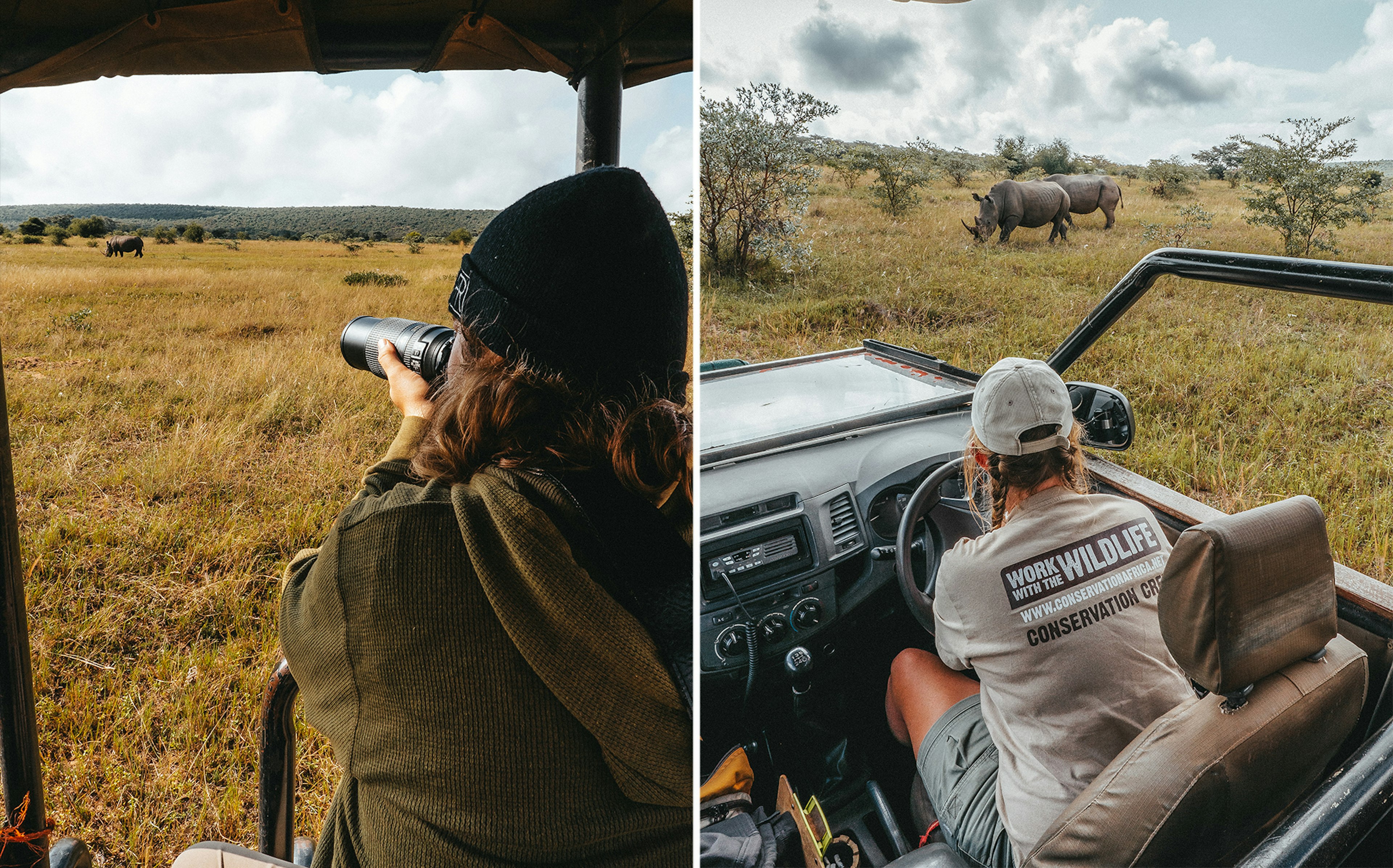 Collage of a travel writer Joe Sills taking photographers and another photo of a conservationist taking photos in the Savannah