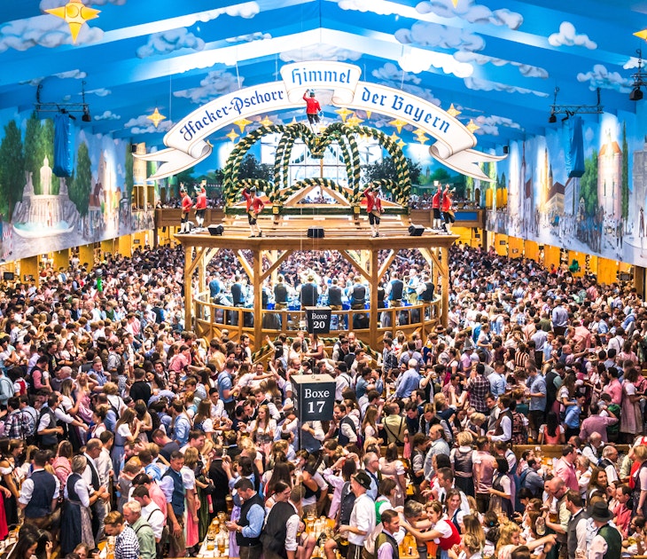 Munich, Germany - October 1: famous beer tent called Hacker-Pschorr and people at the biggest folk festival in the world - the oktoberfest on oktober 1, 2018 in munich.