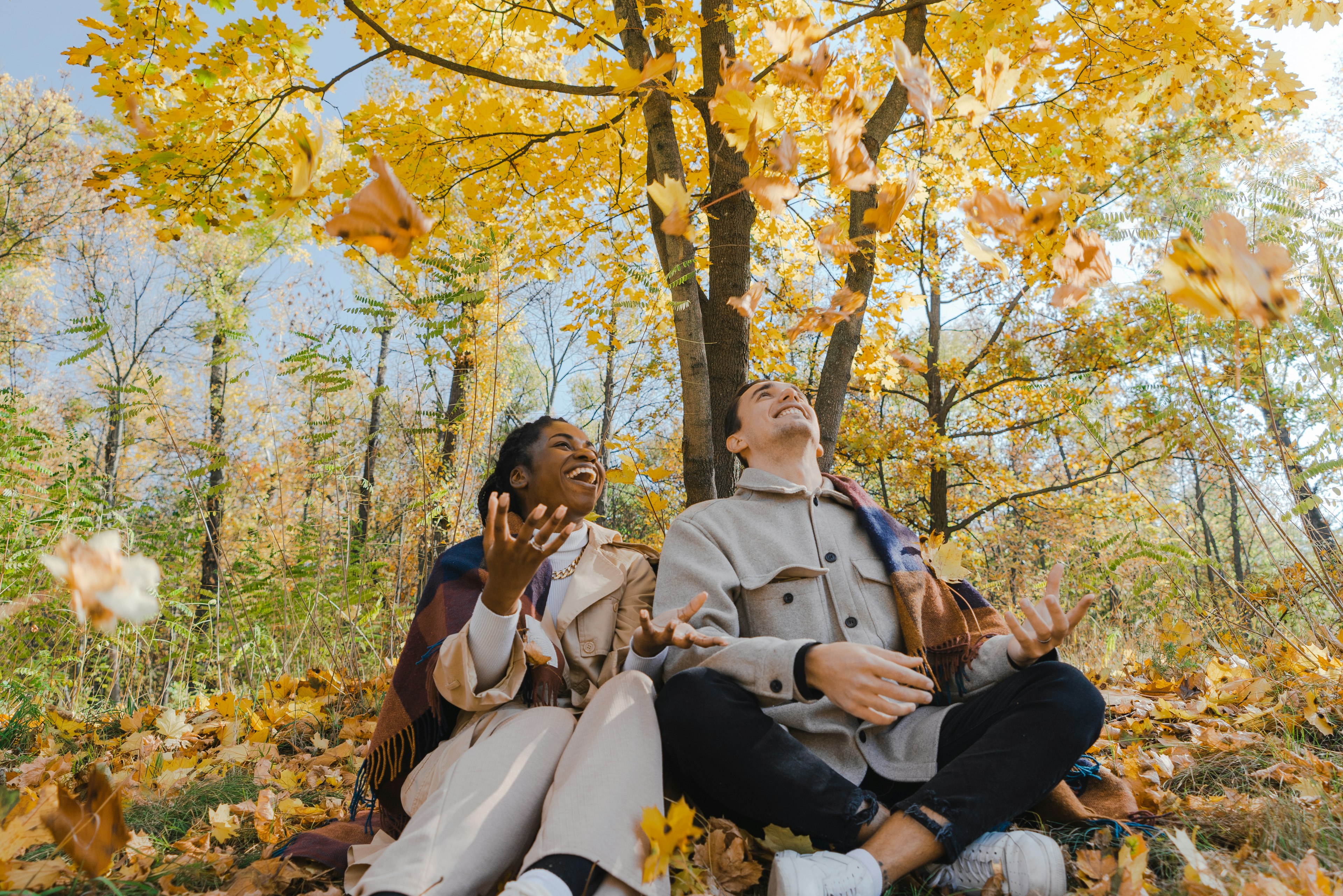 A couple sitting on blanket in park in autumn and throwing leaves up in the air
