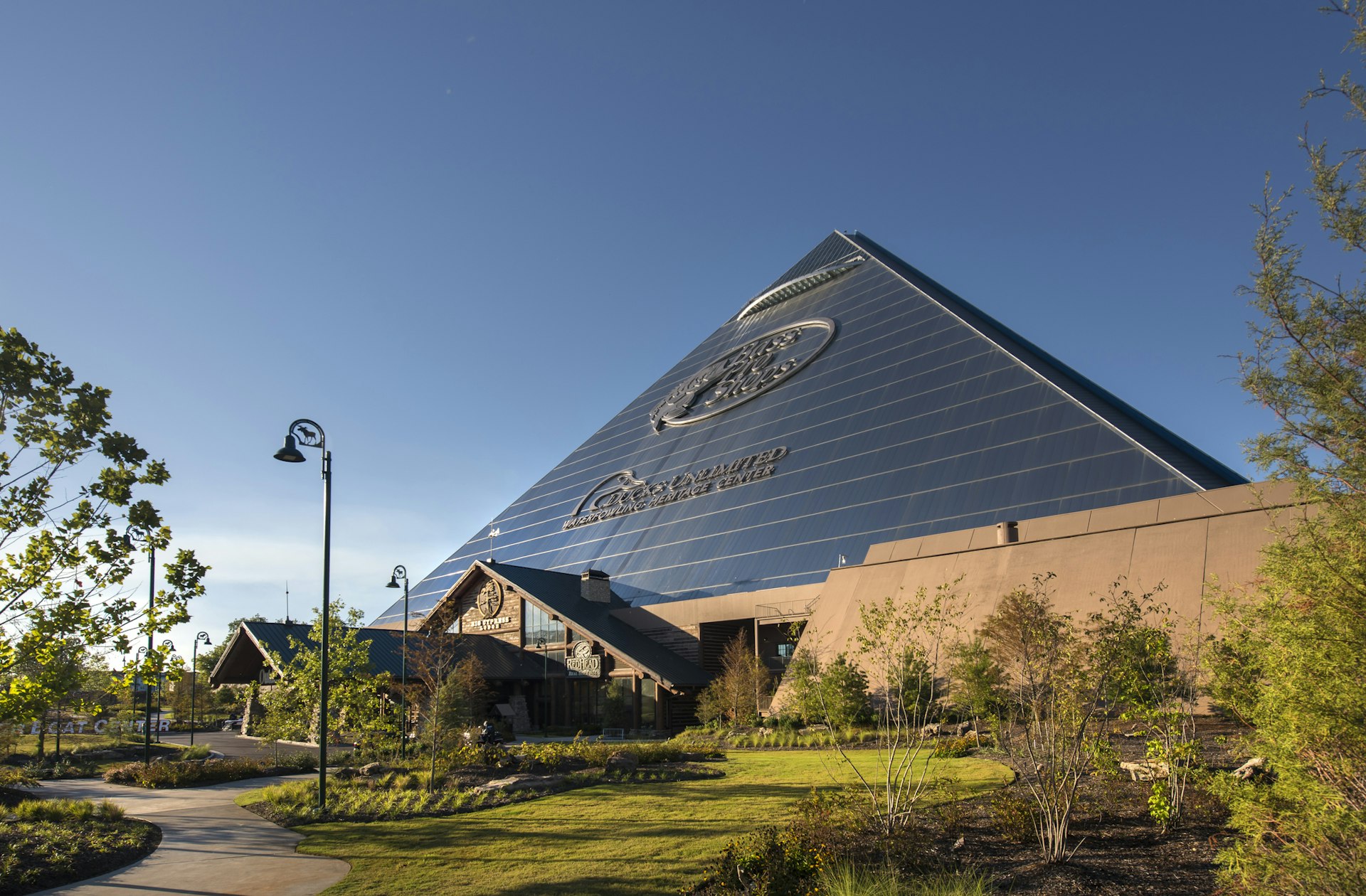 View of The iconic Memphis Pyramid , which has been transformed into a massive wilderness-inspired Bass Pro Shops and rustic-elegant hotel.