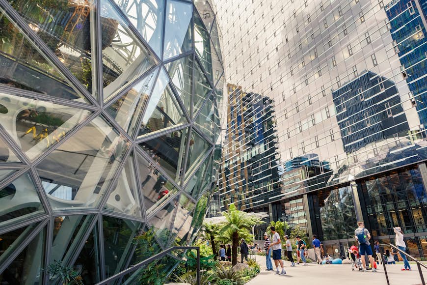 Side view of a giant glass spherical greenhouse in downtown Seattle