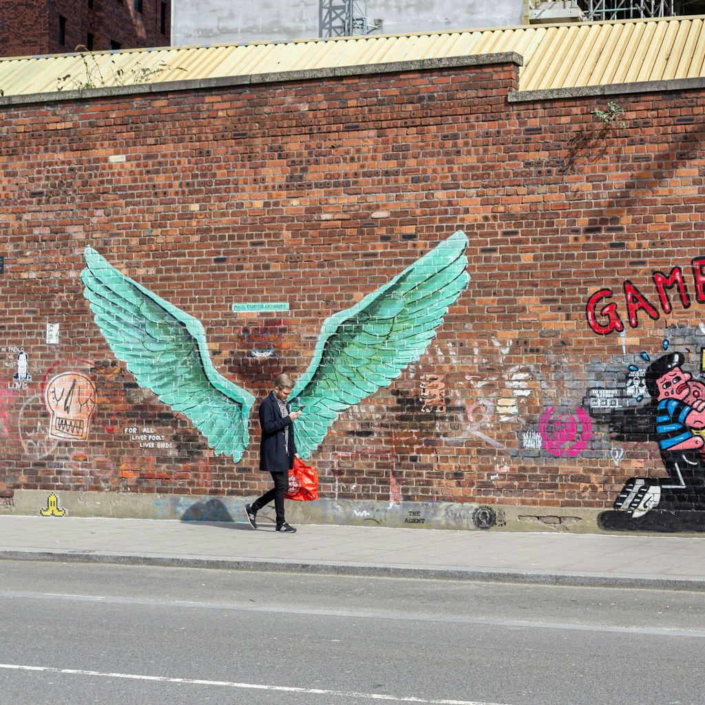 2BD2GHH Liver Bird wings by Paul Curtis, street art in the Baltic Triangle, Jamaica street, Liverpool