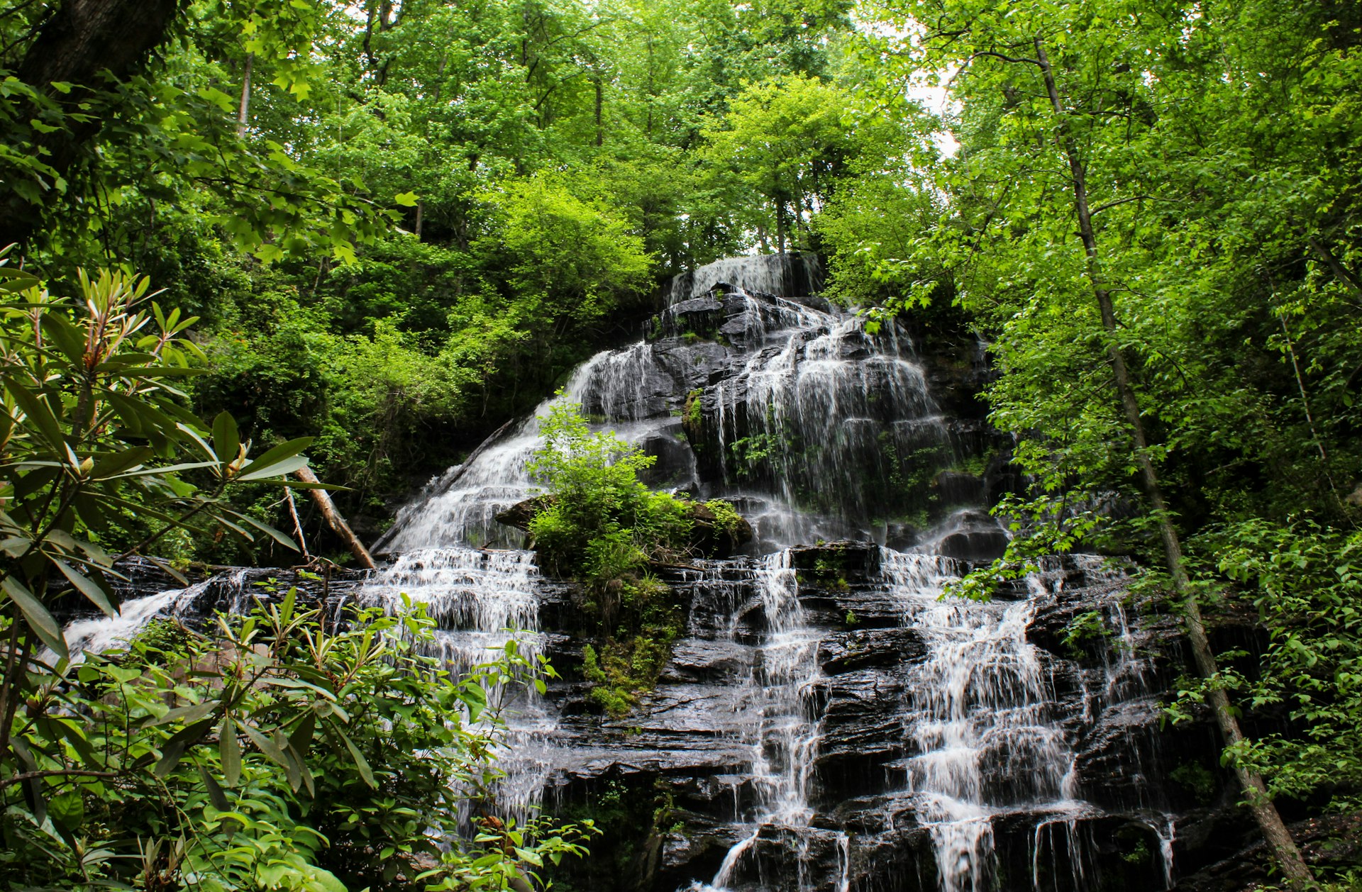 A rocky waterfall surrounded by green forest
