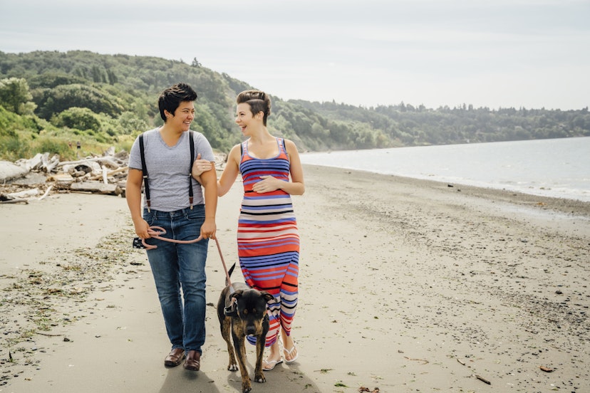 Pregnant lesbian couple walking dog on beach