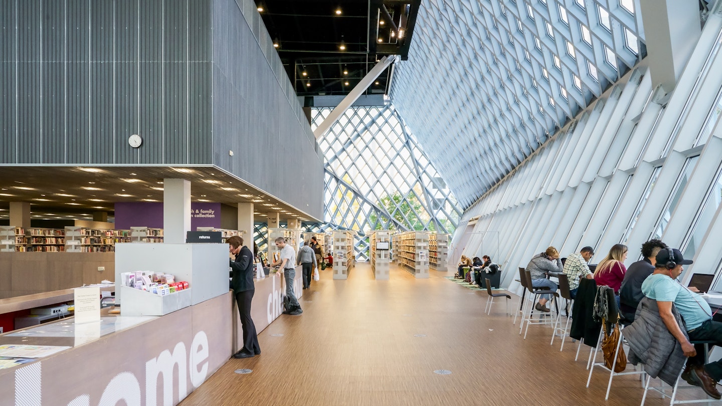 Seattle, Washington, USA - October 2018: Architectural views of the Seattle Public Library.; Shutterstock ID 1901529775; your: Ann Douglas Lott; gl: 65050; netsuite: Editorial; full: Free things to do in Washington state