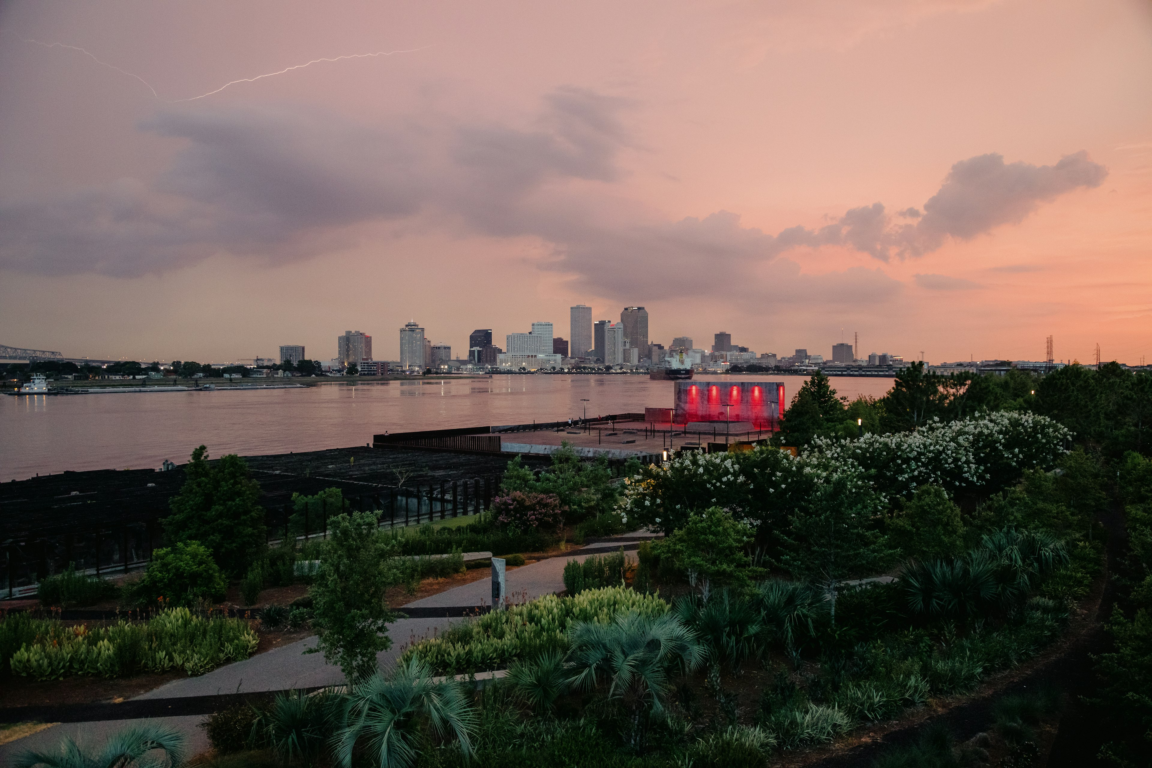 Views from Crescent Park in the Bywater neighborhood looking towards the Mississippi River, the French Quarter and downtown New Orleans