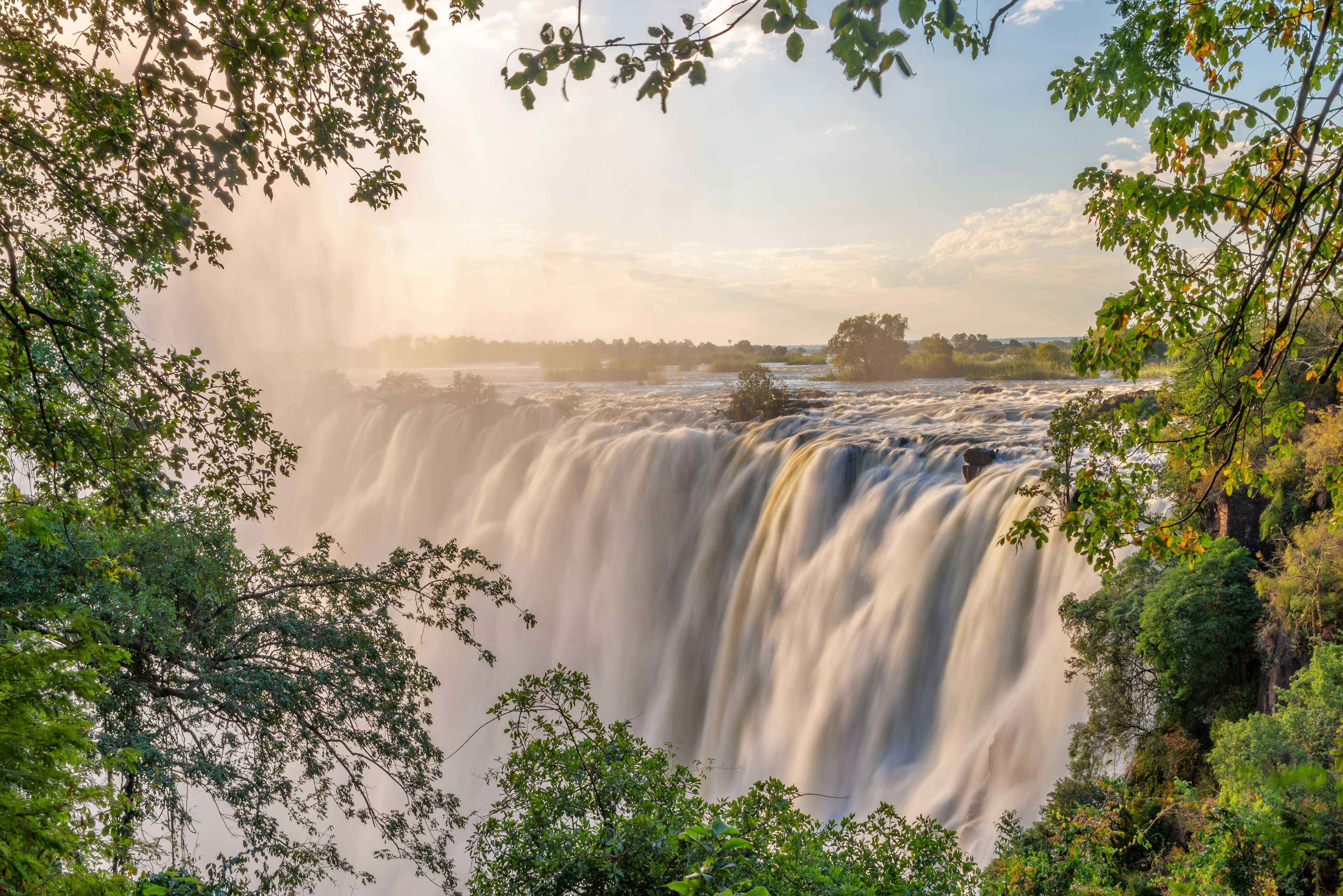 A view through trees to Victoria Falls on the Zambezi River, between Zambia and Zimbabwe, Africa