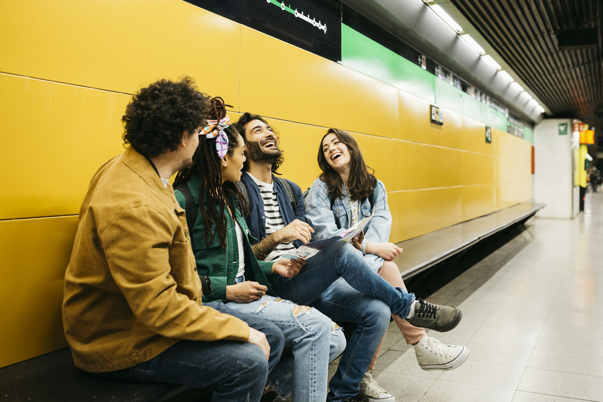 Group of friends in a Barcelona Metro station