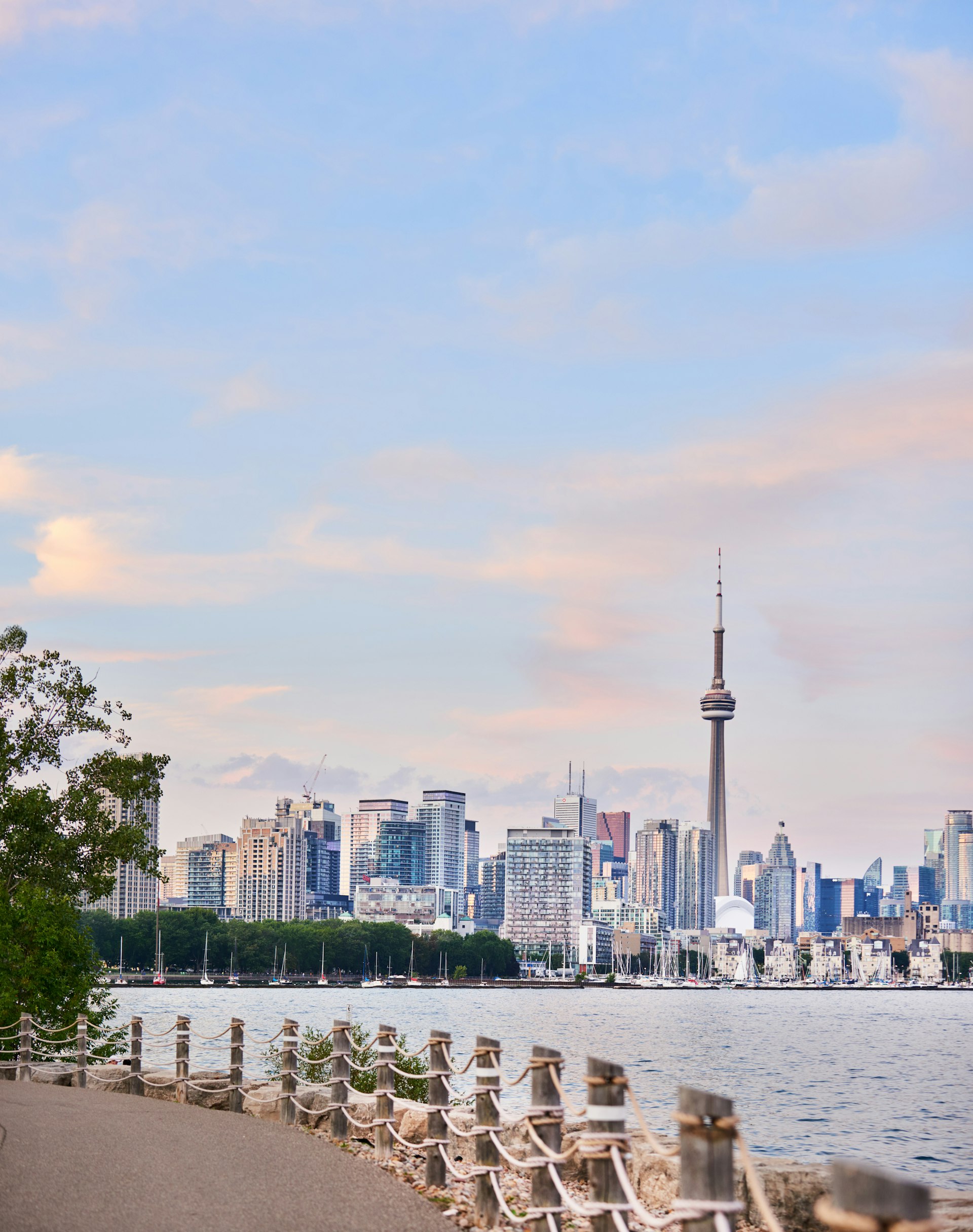 The city of Toronto on Lake Ontario at dusk in summer