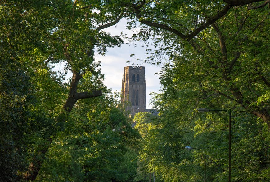 Durham Cathedral Tower sett genom en lucka i träden, Durham, nordöstra England, Storbritannien
