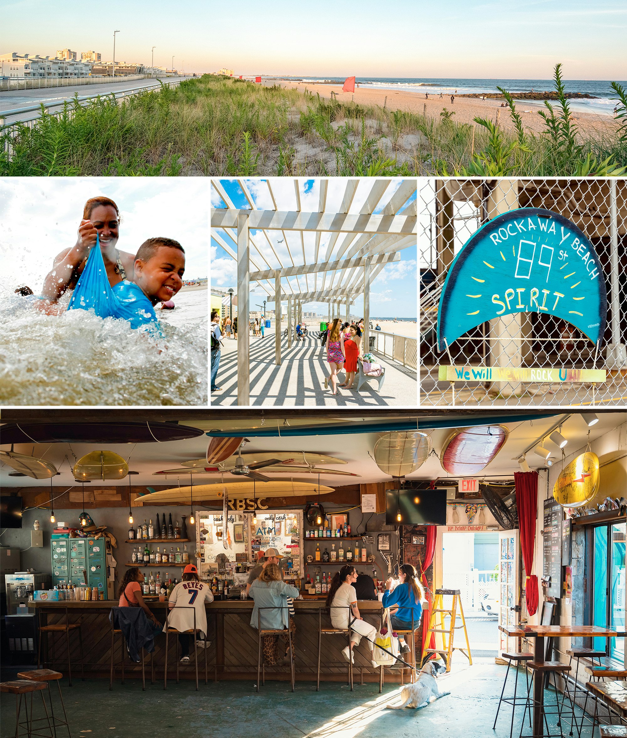 Scenes from Far Rockaway: the shoreline at sunset, a mother and son play in the ocean waves, shadows on the boardwalk, a sign at 89th street, and patrons at Rockaway Beach Surf Club bar and restaurant