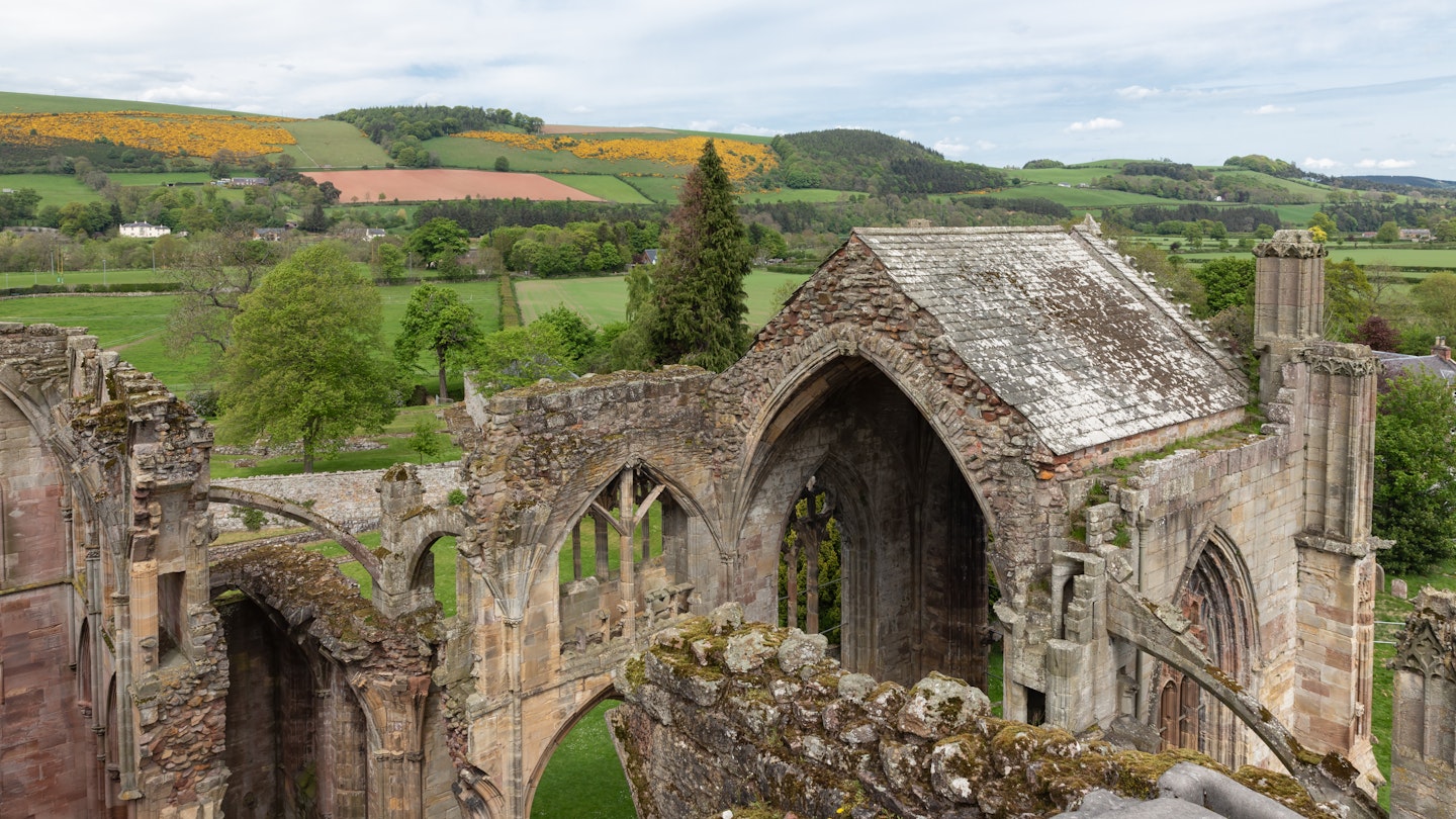 Aerial view from ruins of Melrose abbey to blooming Scottish highlands
