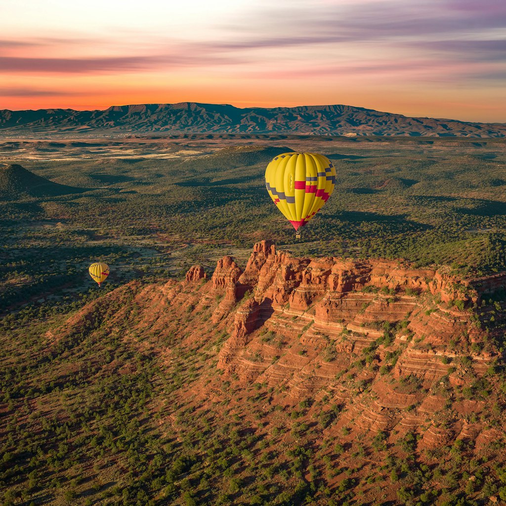 Hot-air balloons in Sedona, Arizona, at sunset