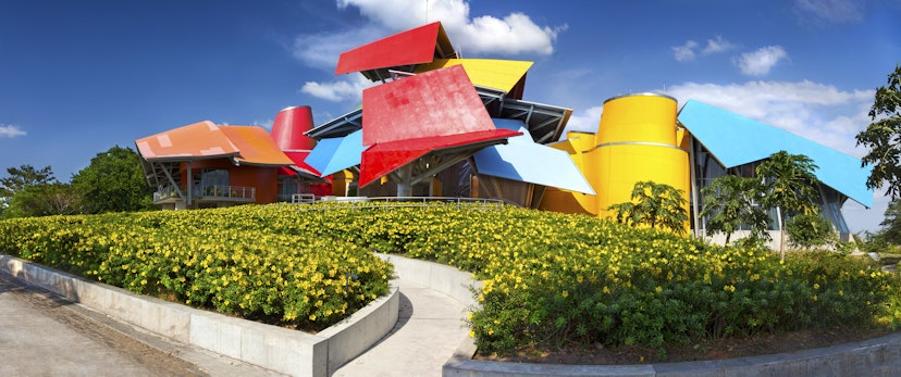 Panama City, Panama - February 1, 2019:  Landscaped Flower Garden and Biomuseo Building Exterior, a museum of Natural History of Central America, located on Amador Causeway
