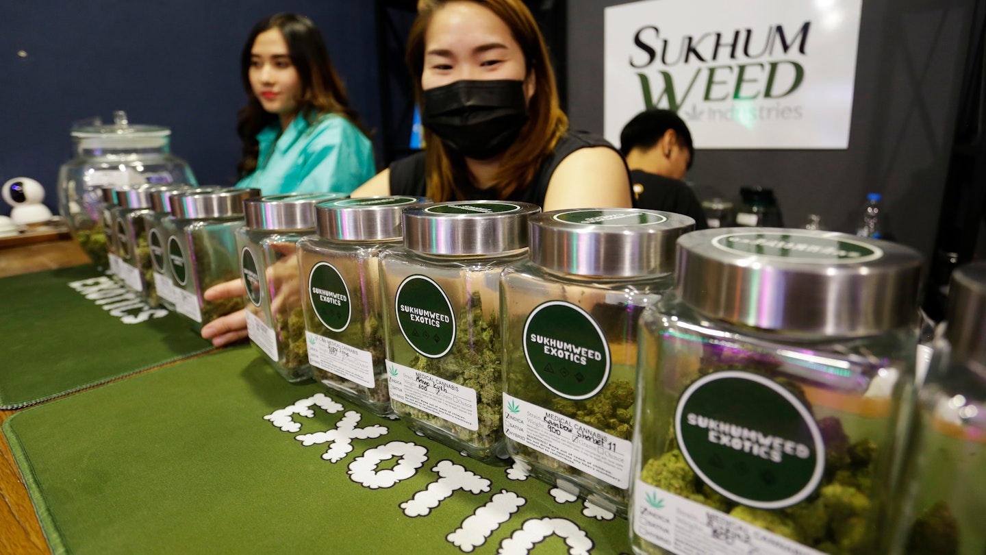 Bangkok, Thailand - July 7, 2022: Containers of marijuana flower buds are displayed in the Sukhumweed cannabis shop.; Shutterstock ID 2176046907; your: Zach laks; gl: 65050; netsuite: Online Editorial; full: Discover