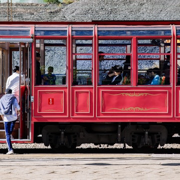 OCT 24, 2013 Cheoram, South Korea - Korail Baekdudaegan Mountain Range Canyon Train or V-Train, at Seungbu station platform. Sightseeing train operating on Buncheon - Cheoram route.