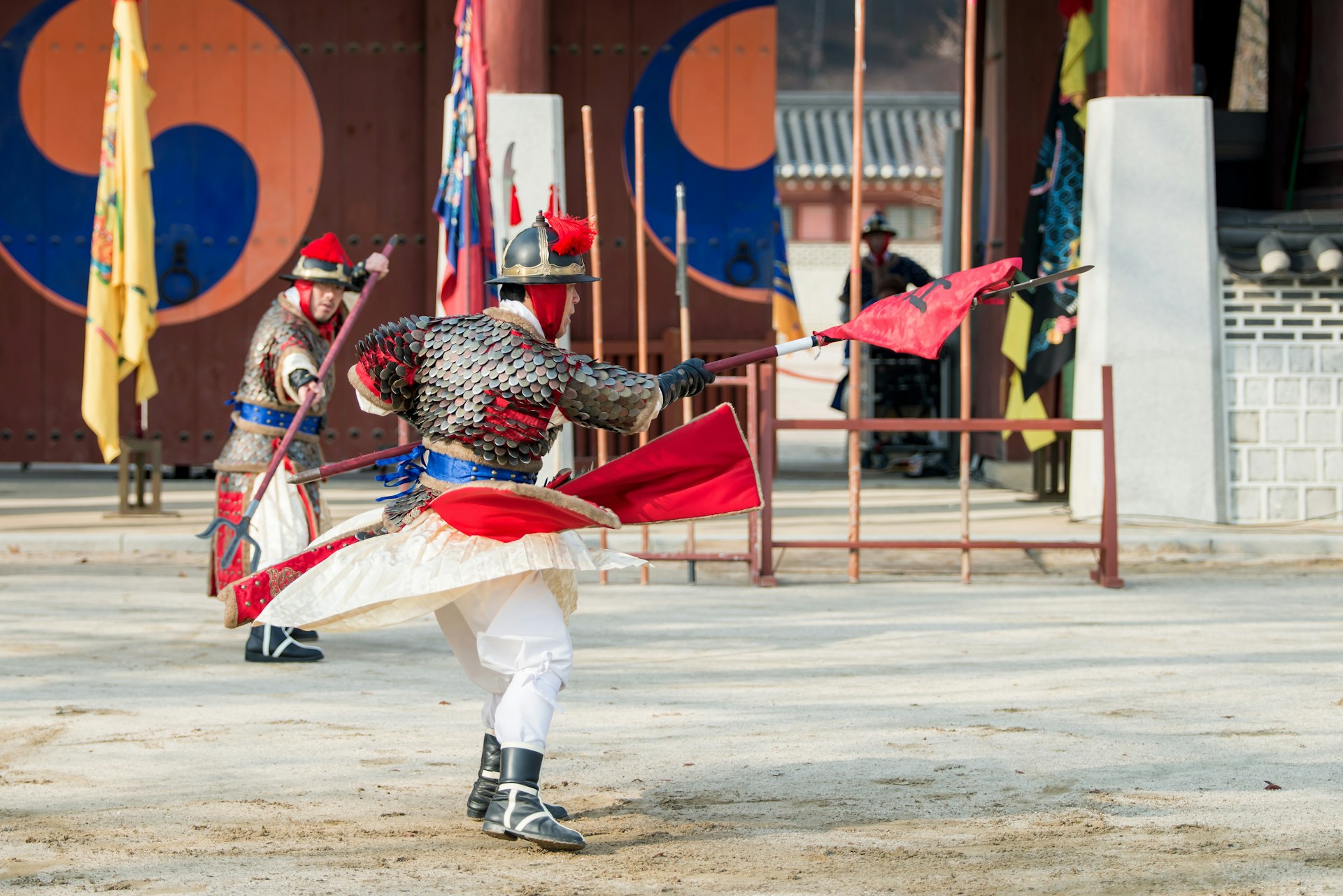 Korean soldier in traditional Joseon dynasty dress at Hwaseong Haenggung square in Suwon
