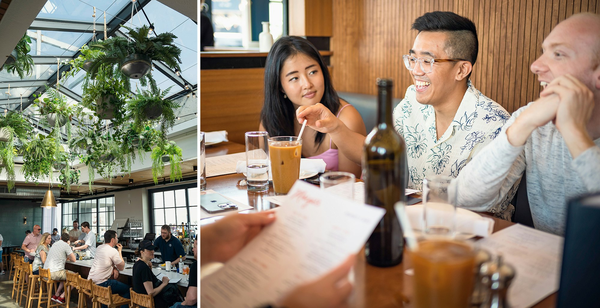 LEFT: Rockaway Hotel's rooftop bar; RIGHT: Chris Dong and friends share oysters at Rockaway Hotel's restaurant, Margie's