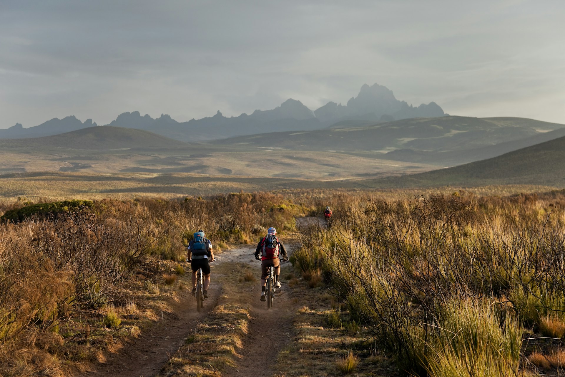 Cyclists on mountain bikes ride on a dirt trail towards a range of mountain peaks