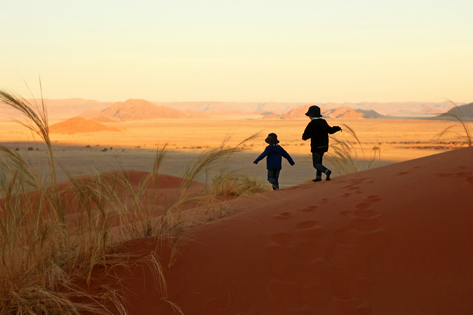 Two Children Running Down The Sand Dunes in Sossusvlei Namibia
