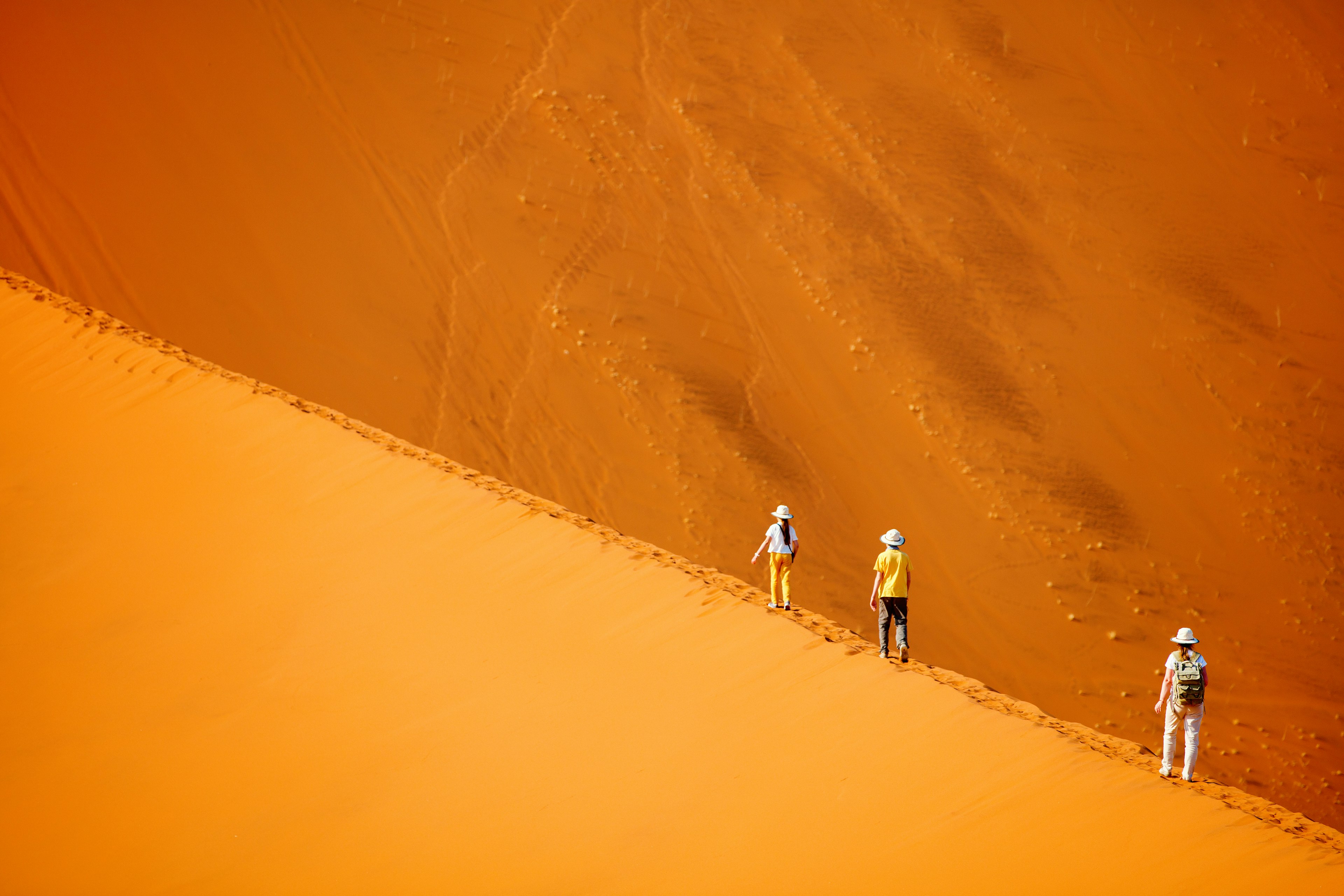 Family climbing up Big Daddy in Sossusvlei, Namibia