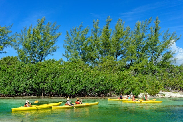 People kayaking in the blue ocean waters lined with mangroves at Lucayan National Park, Bahamas