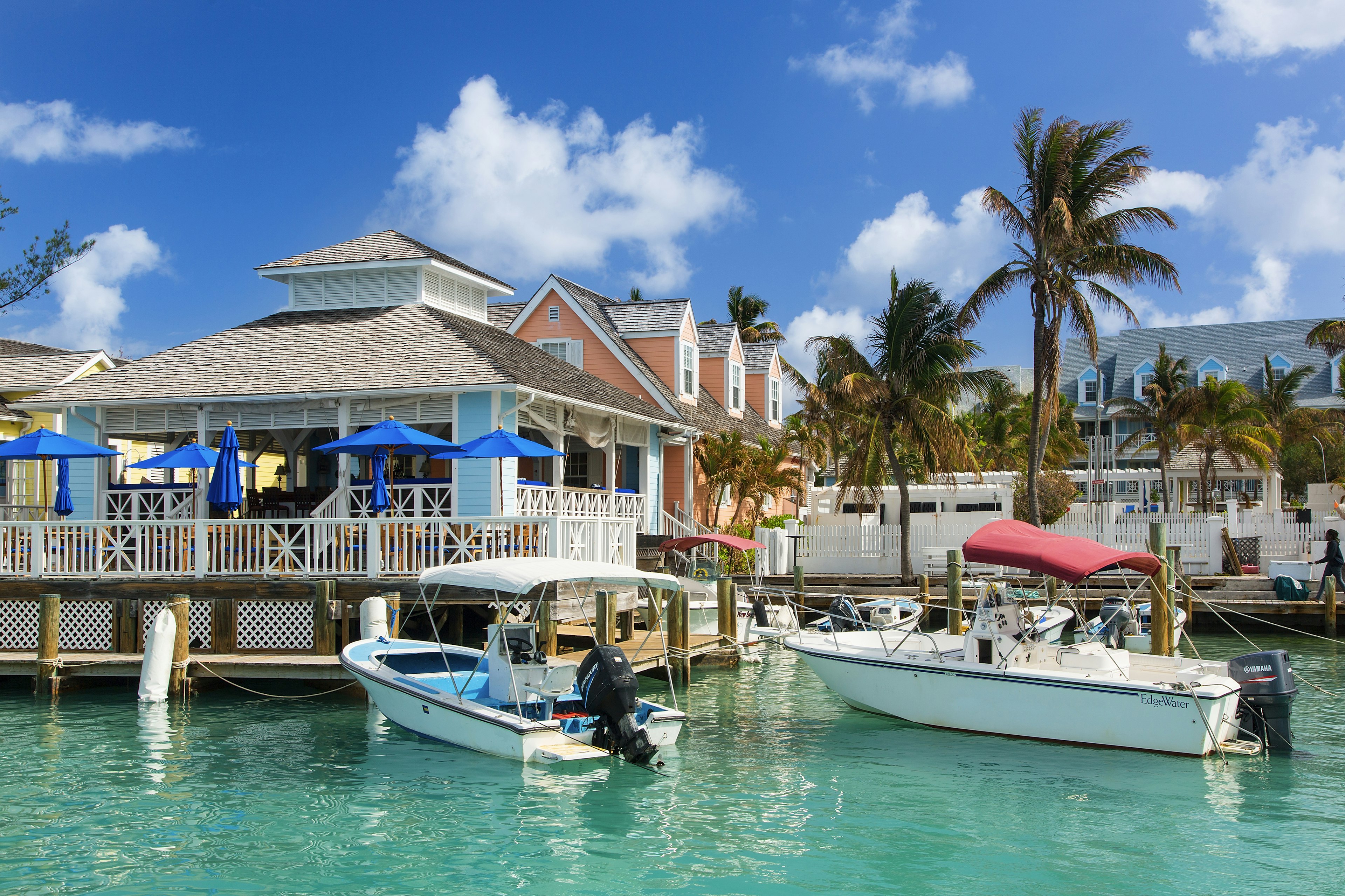 Boats in the turquoise water at Valentine's Marina on Harbour Island, Bahamas