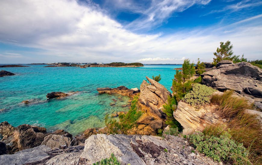 Scenic view from windy and rugged coast on Cooper's Island in Bermuda