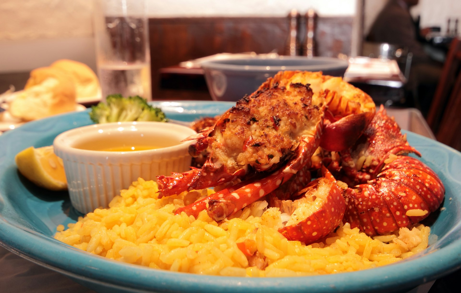 A plate of fresh lobster and rice on a plate in a restaurant in Bermuda