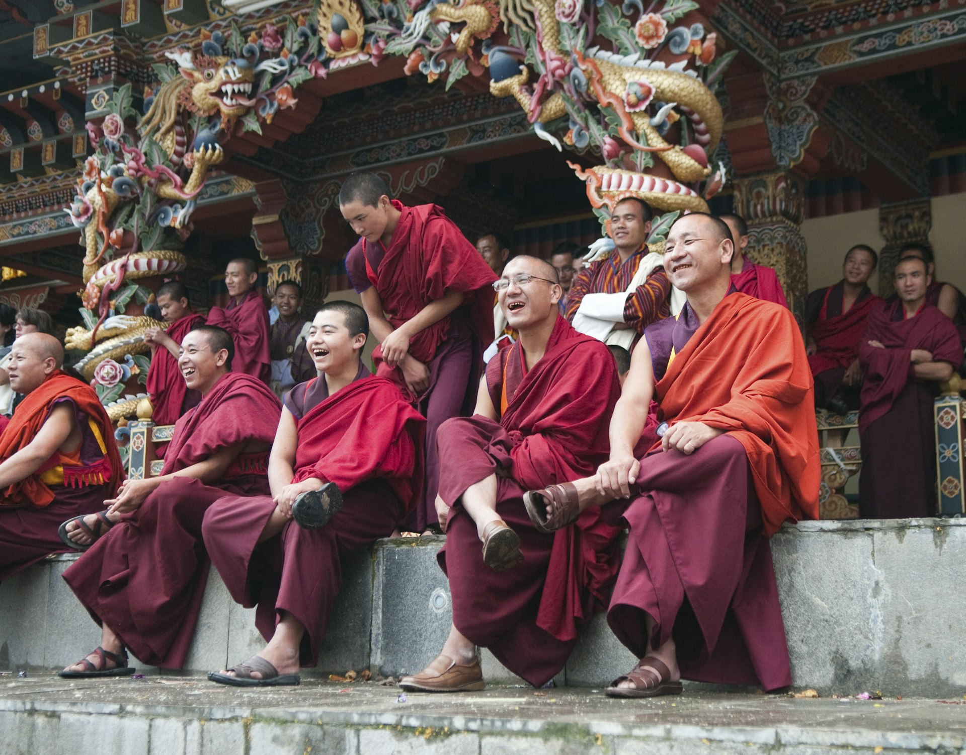 Row of Smiling Monks in Bhutan