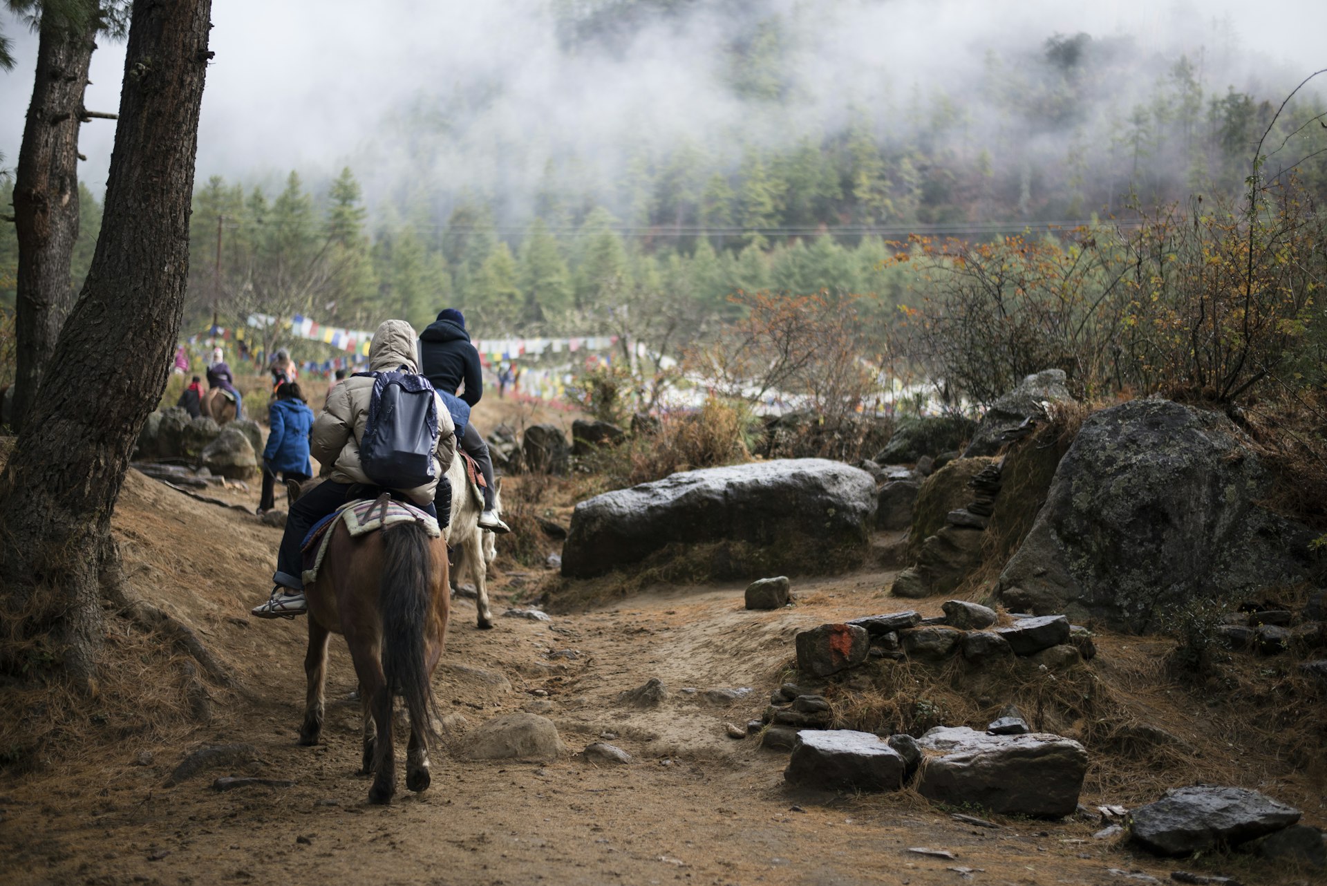 People traveling to Taktshang Goemba by horse