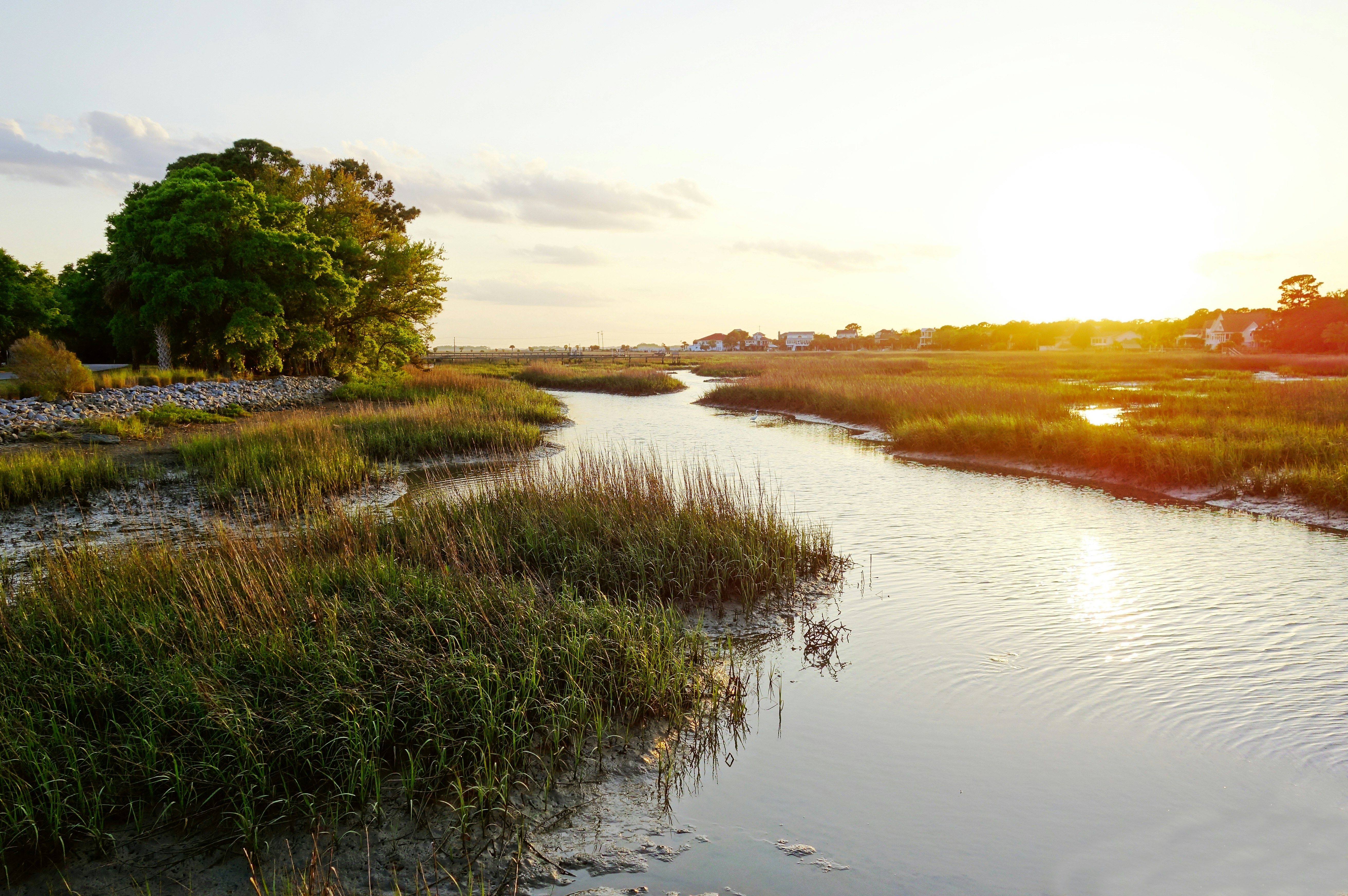 View of coastal homes along the marsh waterways in the Low Country near Charleston SC