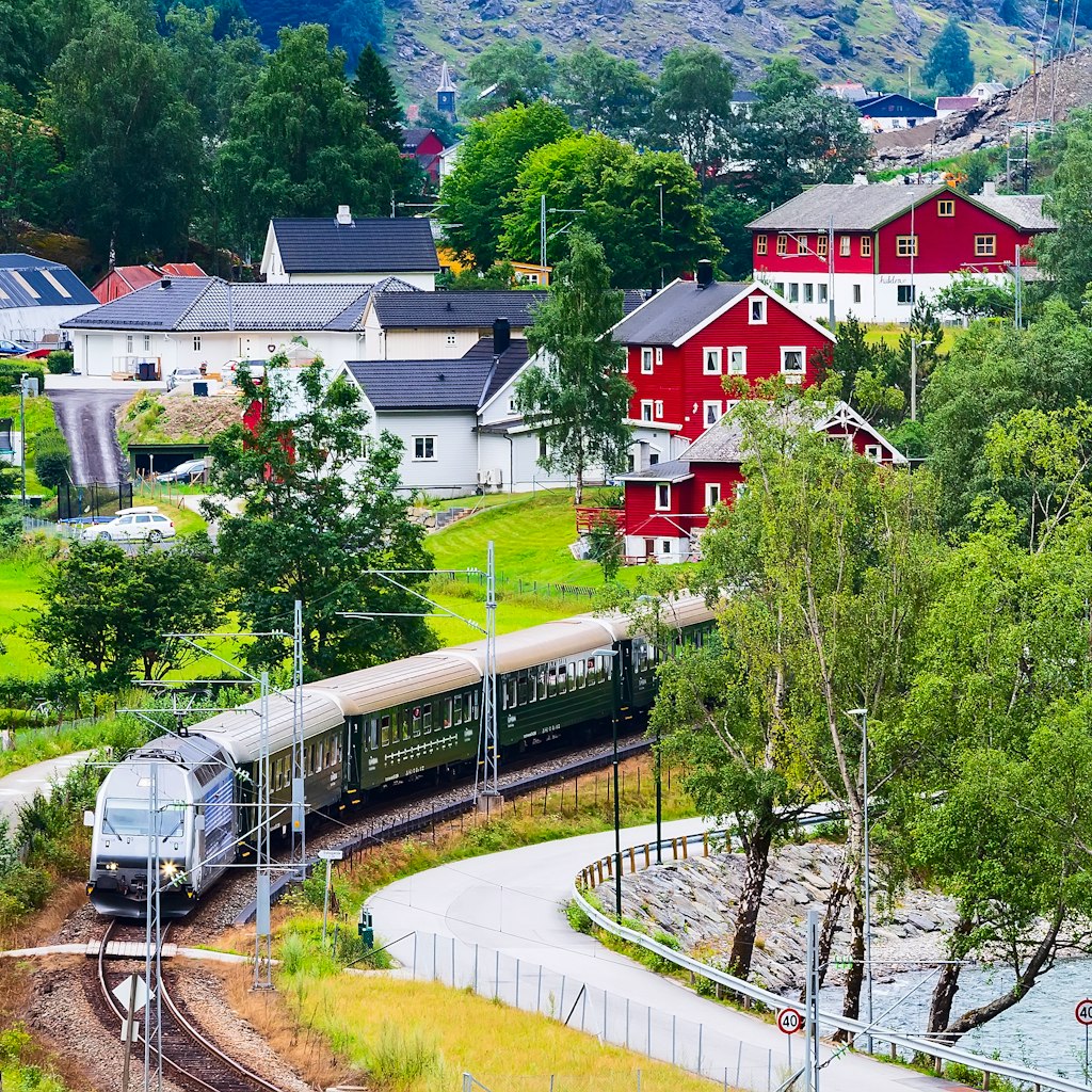 Flam, Norway Myrdal train in Norwegian village near Sognefjord fjord, local landmark