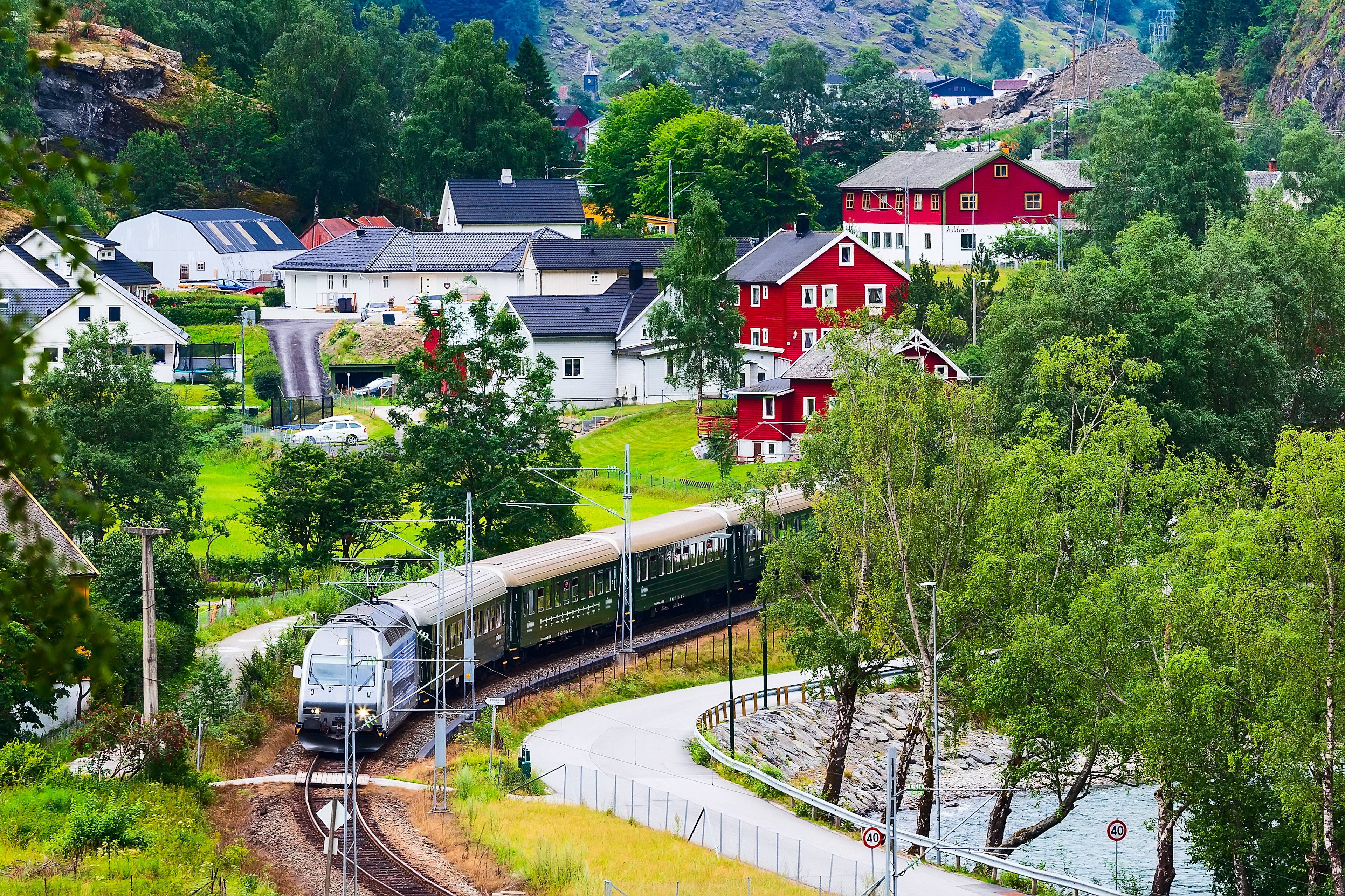 Flam, Norway Myrdal train in Norwegian village near Sognefjord fjord, local landmark