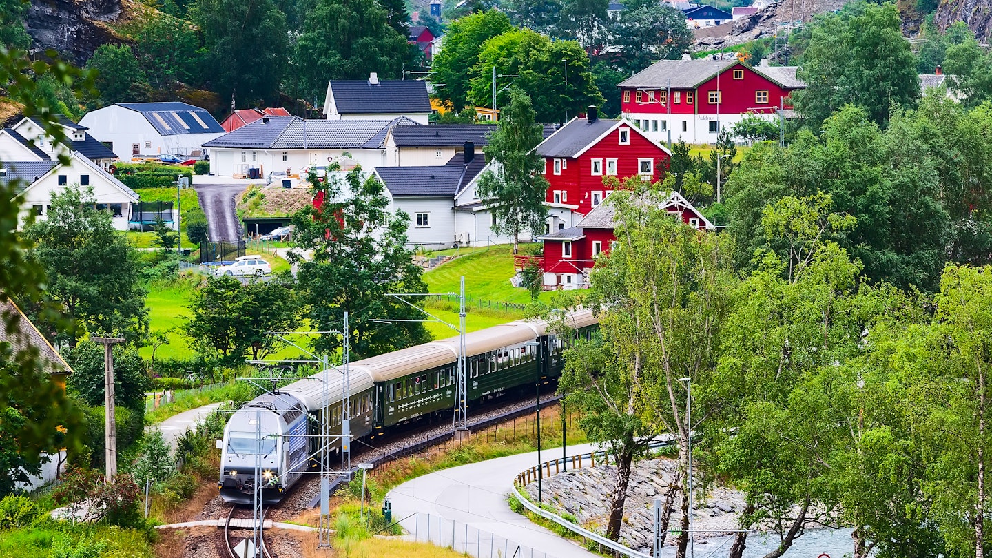 Flam, Norway Myrdal train in Norwegian village near Sognefjord fjord, local landmark