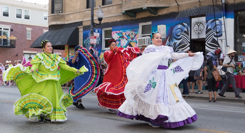 Chicago, Illinois, USA - September 16, 2017 - The Pilsen Mexican Independence Day Parade commemorates the Mexican Independence It features traditional folkloric, equestrian and Aztec dancing.