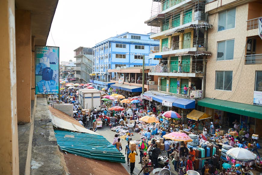 A beautiful view of Makola Market, a big market of all kind of products in the center of Accra, Capital of Ghana