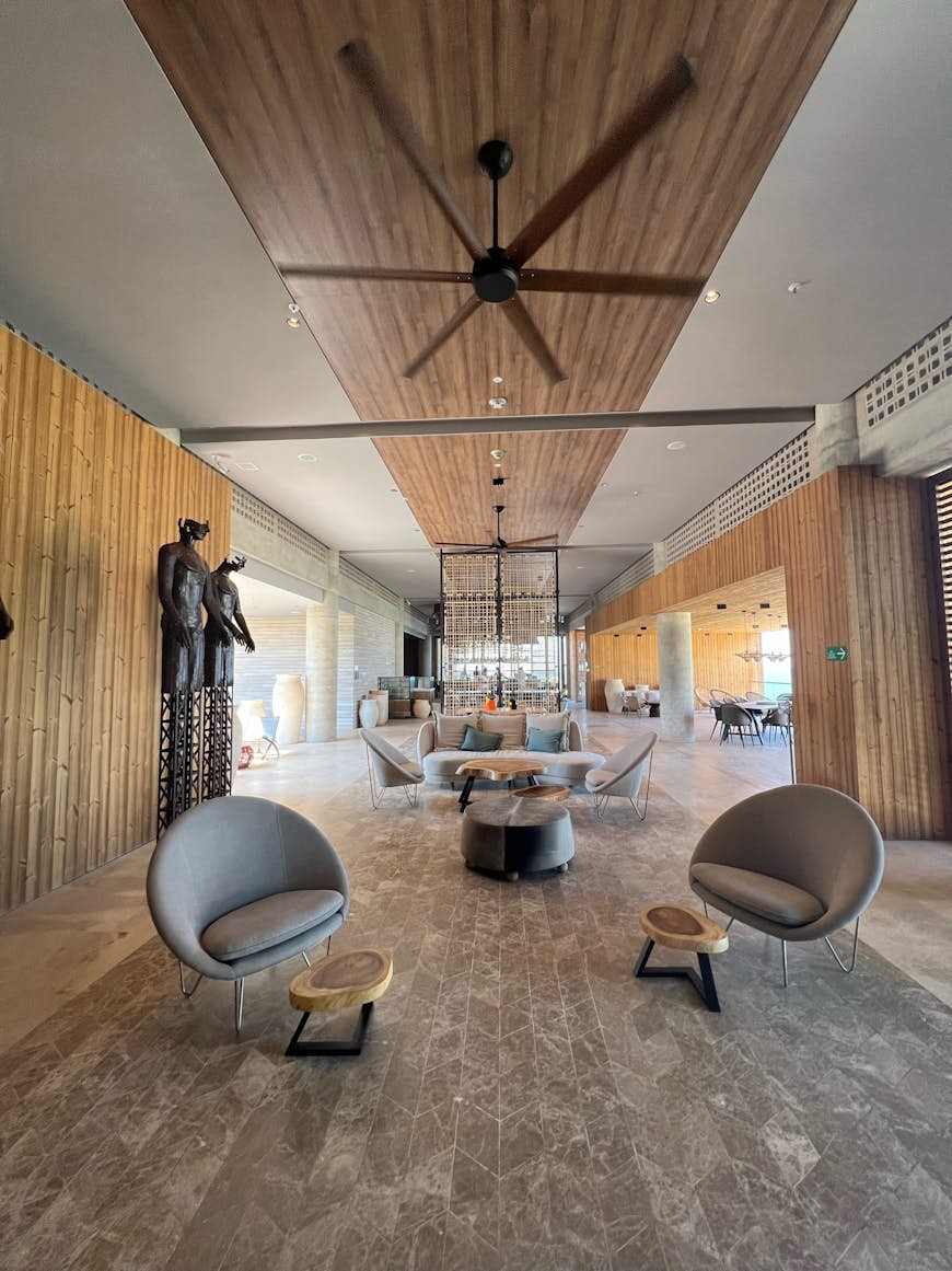 The modern, sleek lobby in the Sofitel Barú Calablanca Beach Resort in Cartagena