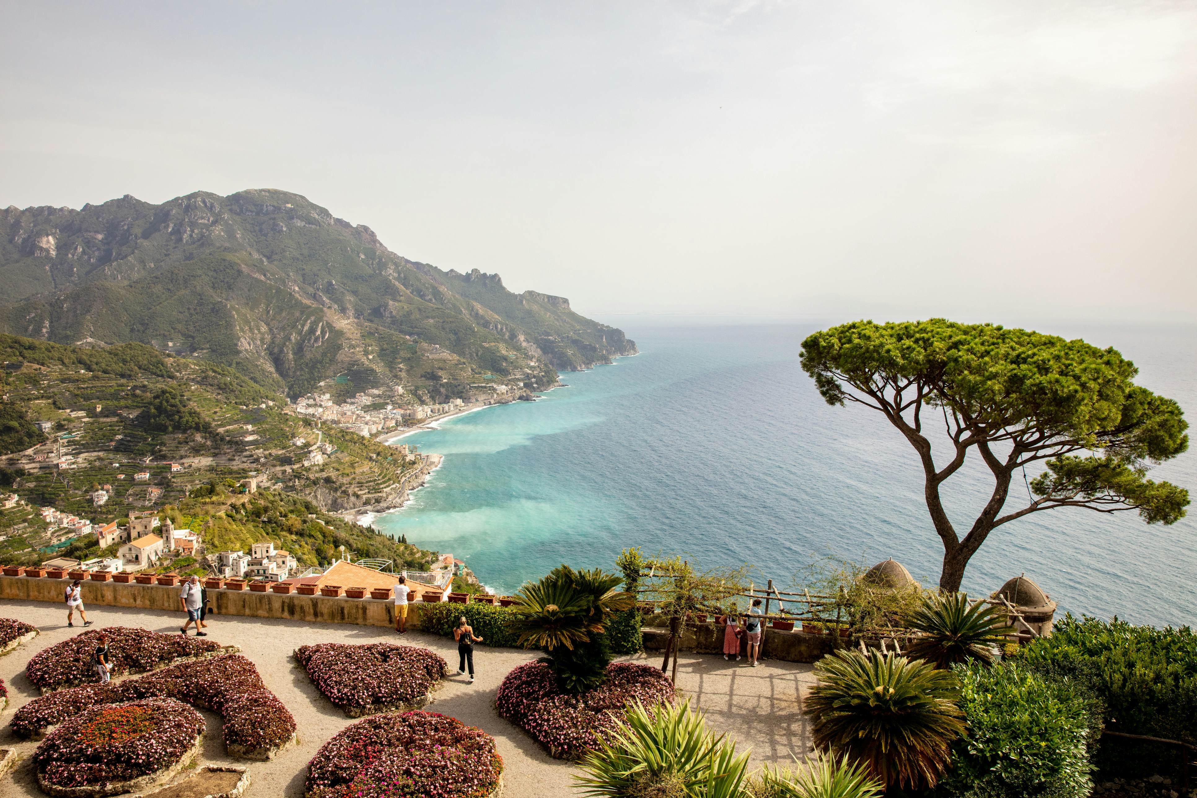 The garden of Villa Rufolo in Ravello, with the Mediterranean Sea in the background