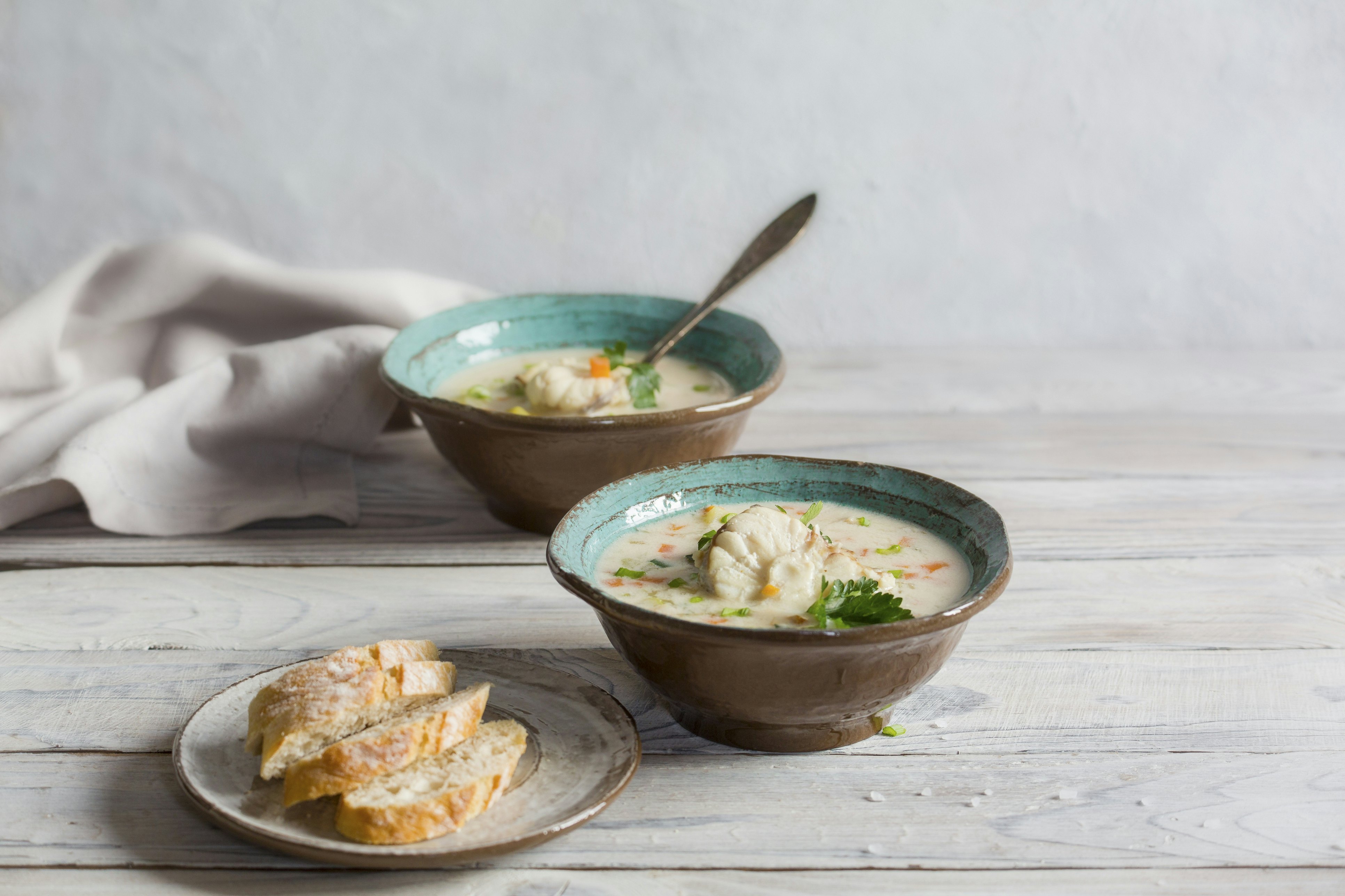 Creamy Norwegian Fish Soup made from haddock, cod and vegetables.