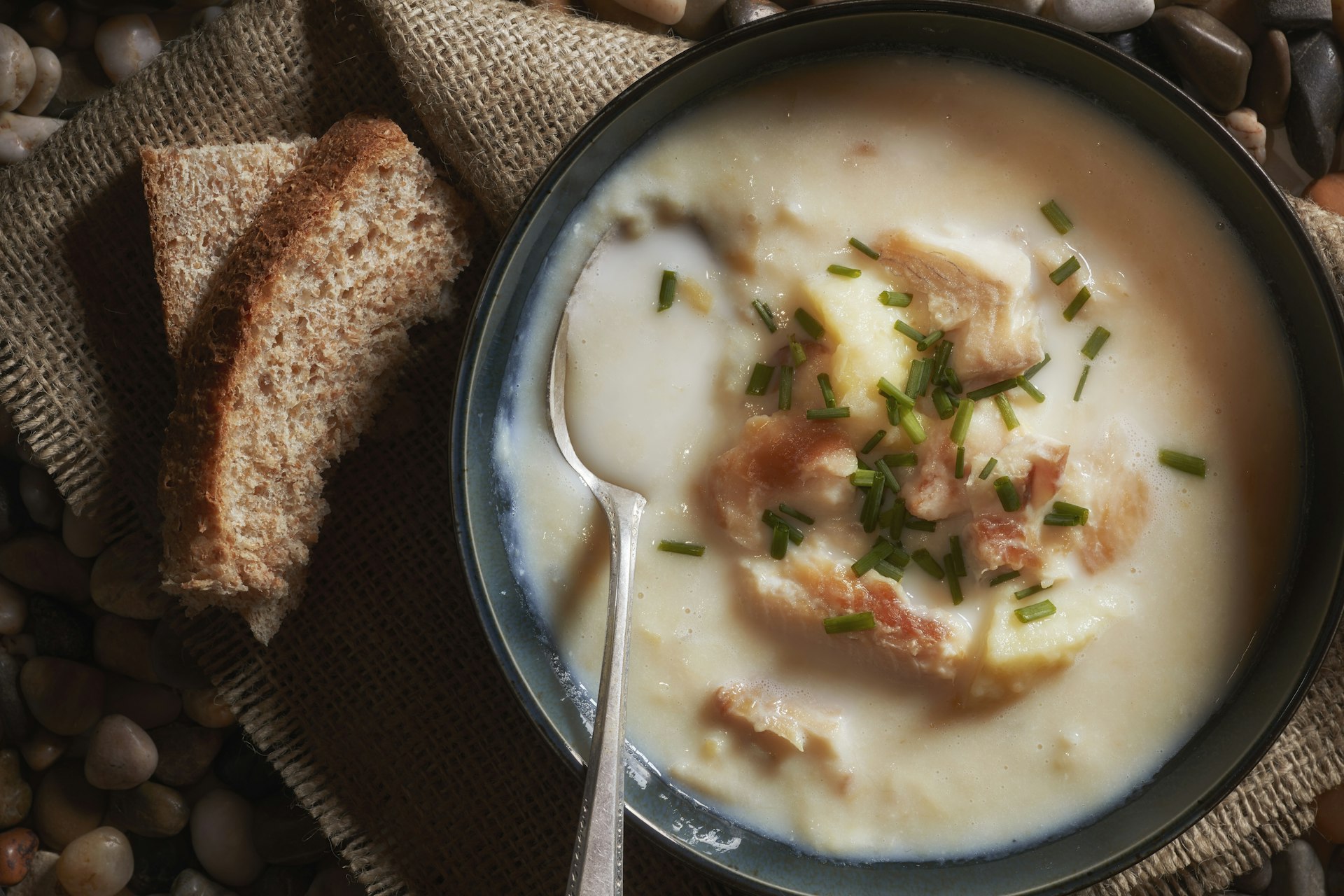 Scottish traditional soup known as Cullen Skink containing undyed smoked haddock, potatoes and milk.