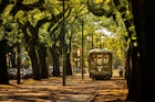 New Orleans, Louisiana - June 18, 2019: Passengers ride the historic railway streetcar along Saint Charles Avenue in the Garden District of New Orleans Louisiana USA.