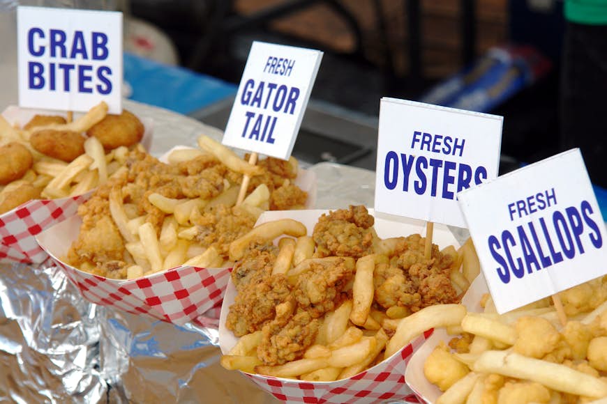Fried Seafood with labels at a local beach