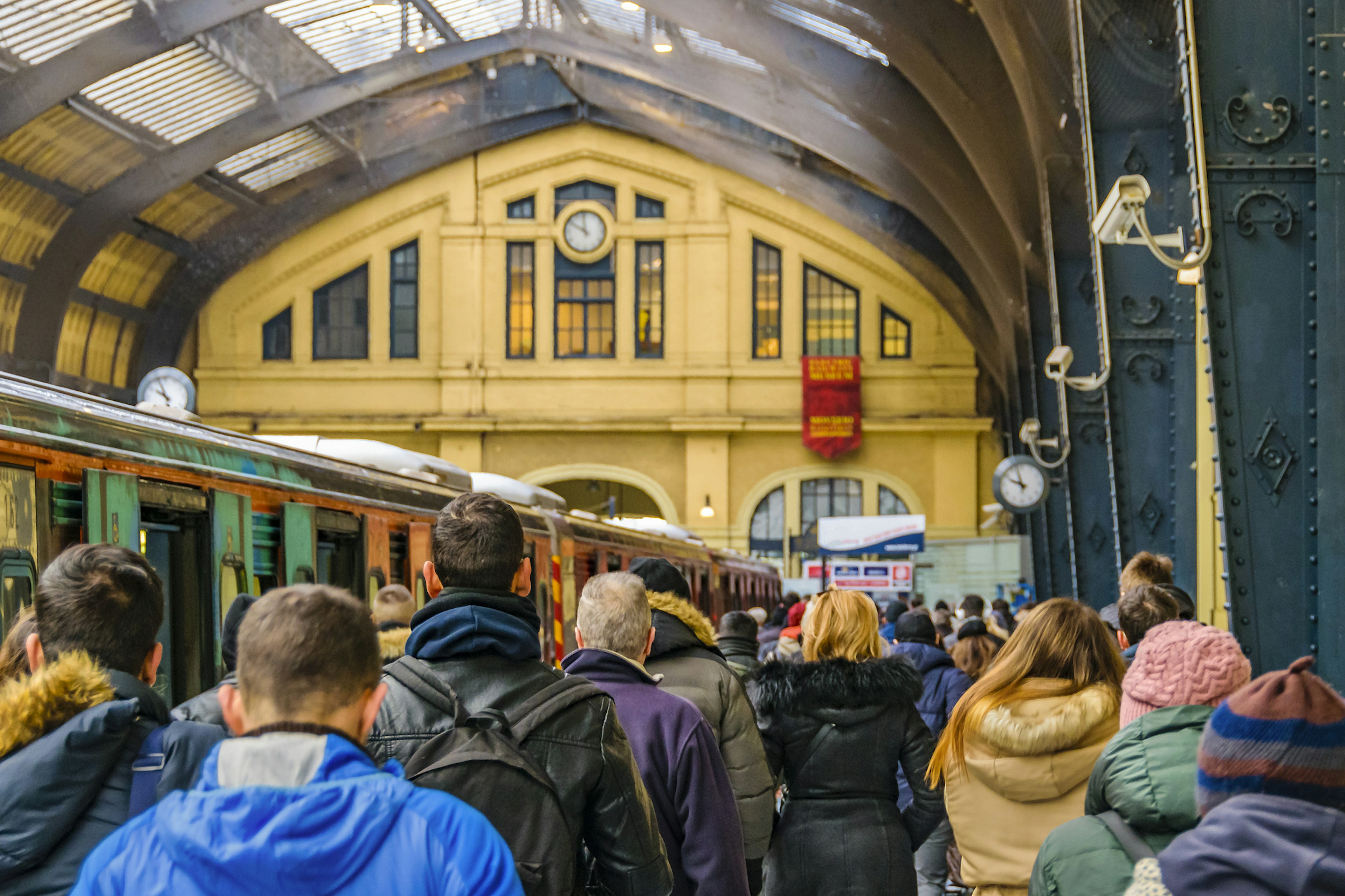 Crowd at train station at Piraeus town, Greece