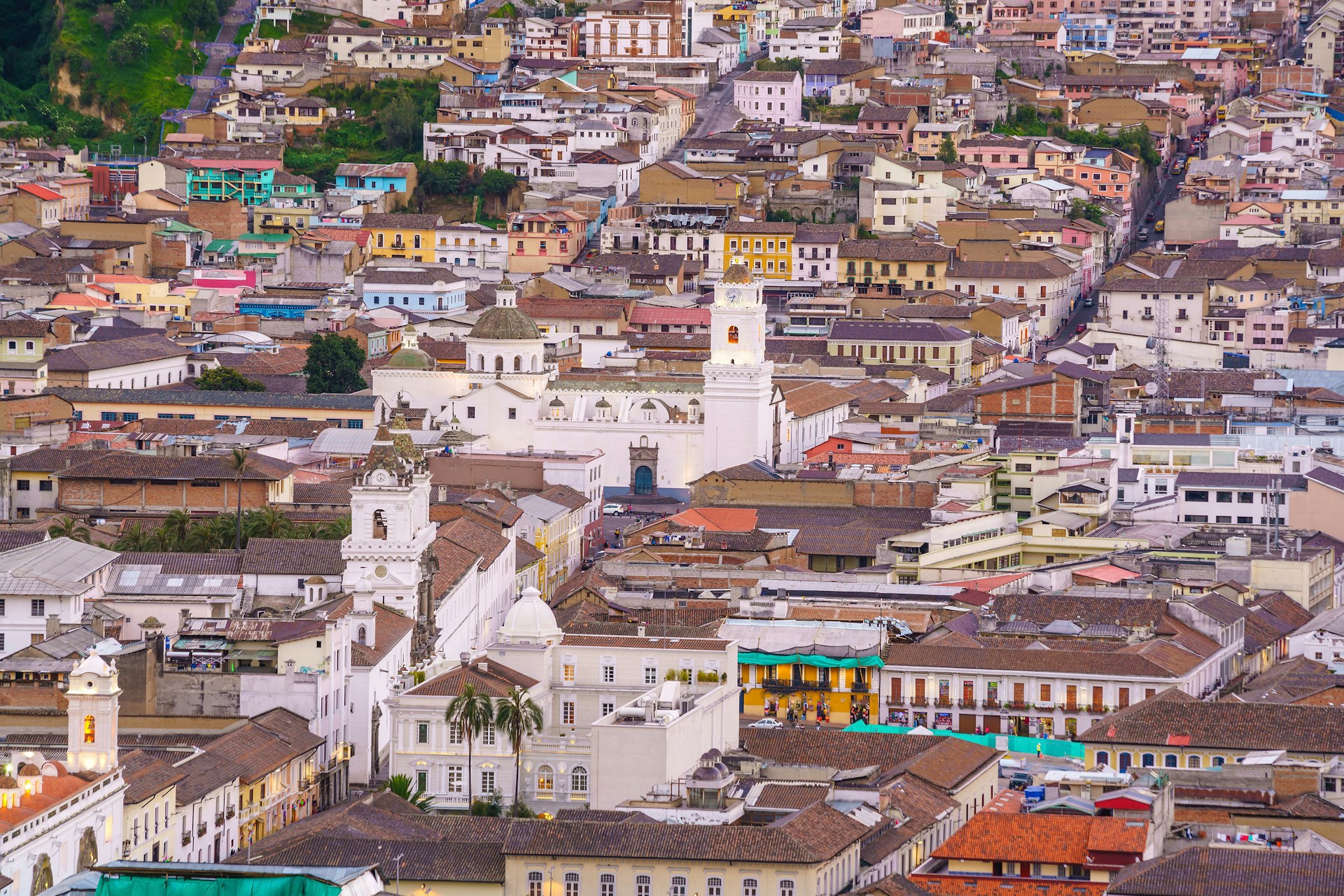 High-angle view of historic buildings in the center of Quito, Ecuador