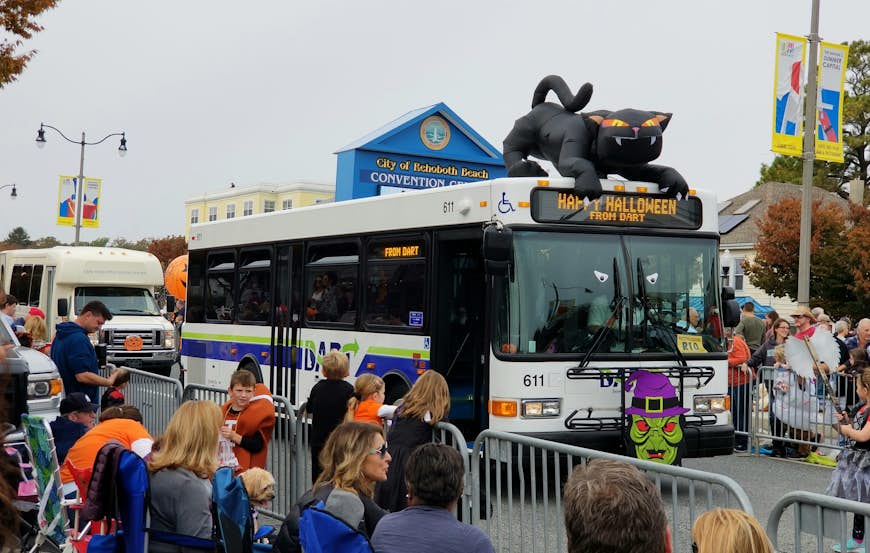 A Halloween-decorated public bus on the Seawitch Festival parade in Rehoboth Beach, Delaware