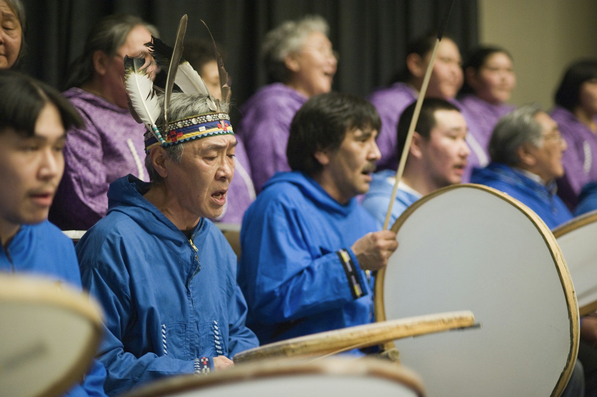 Nagsragmiut Inupiaq Eskimo Drummers of Anaktuvuk Pass performing at a Native Foundation event at the Dena'ina Convention Center, Anchorage, Southcentral, Alaska