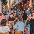 Melbourne, Victoria, Australia, January 25, 2020: Hardware Lane in Melbourne, Australia is a popular tourist area filled with cafes and restaurants featuring al fresco dining.