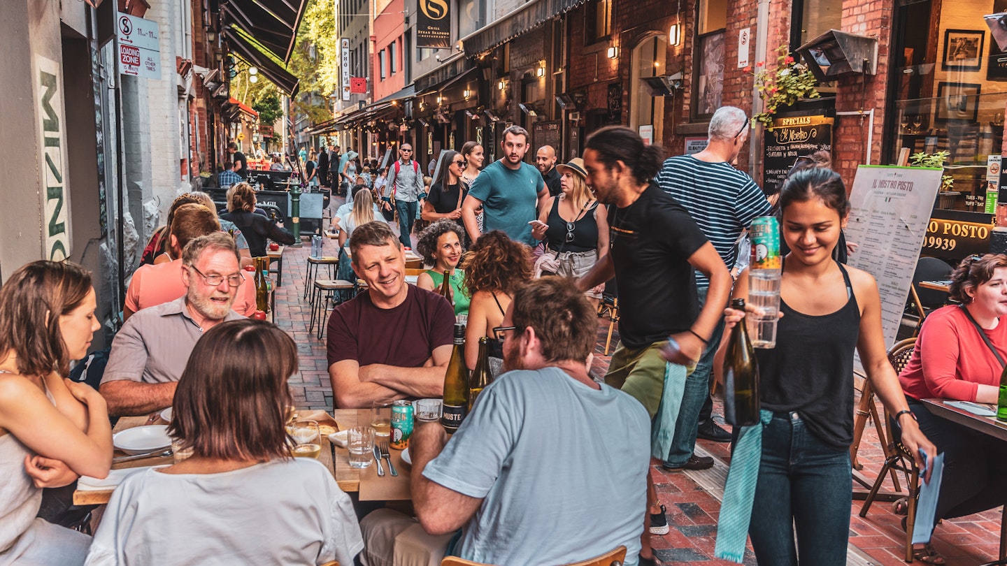 Melbourne, Victoria, Australia, January 25, 2020: Hardware Lane in Melbourne, Australia is a popular tourist area filled with cafes and restaurants featuring al fresco dining.